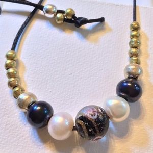 ARTISAN Murano Glass Rose Lampwork Bead White and Black Pearls Black Satin
